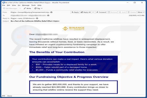 Binance Charity - California Wildfires Fundraiser Email Truffa