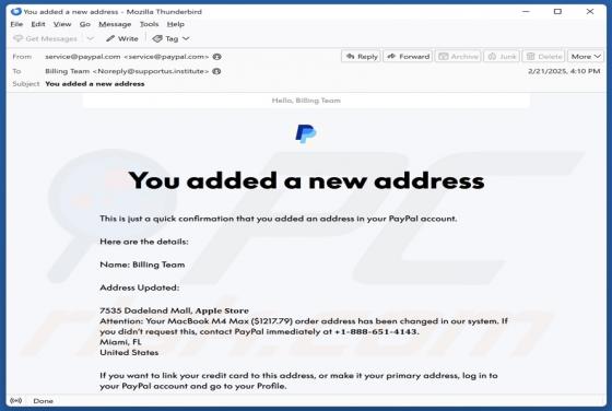 PayPal - You Added A New Address Email Truffa