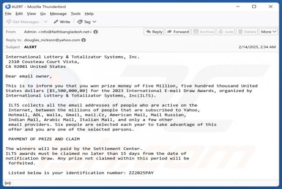 International Lottery & Totalizator Systems Email Truffa
