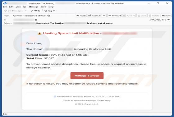 Hosting Space Limit Notification Email Truffa