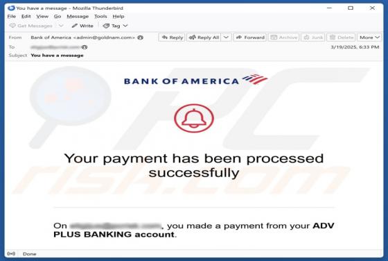 Bank Of America - Payment Processed Successfully Email Truffa