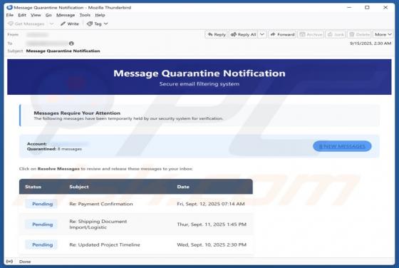 Message Quarantine Notification Email Truffa