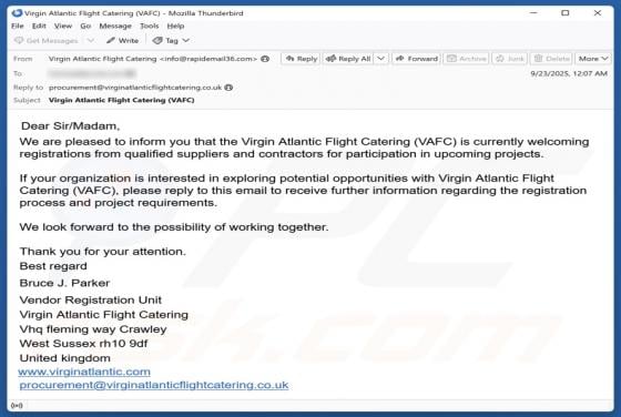 Virgin Atlantic Flight Catering (VAFC) Email Truffa