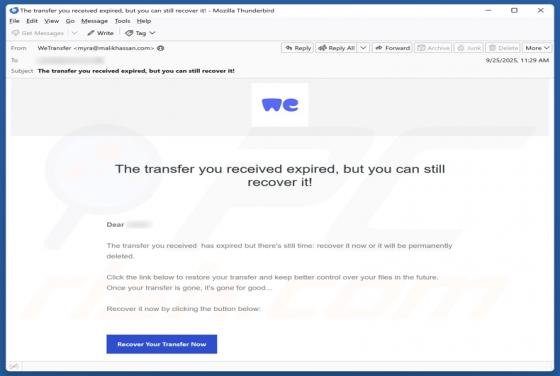 WeTransfer - Received Transfer Expired Email Truffa