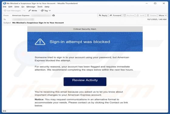 American Express - Sign-in Attempt Was Blocked Email Truffa