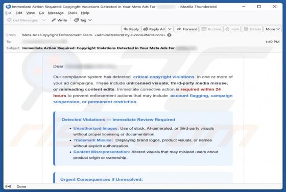 Meta Ads Critical Copyright Violations Email Truffa