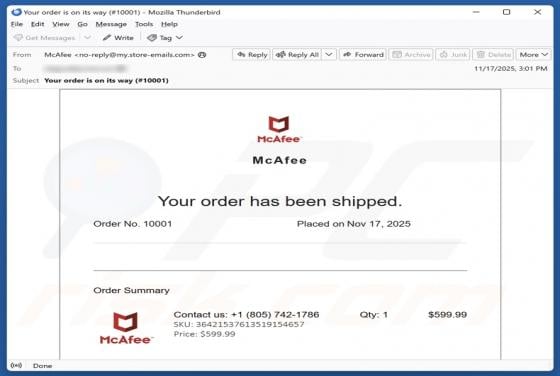 McAfee - Your Order Has Been Shipped Email Truffa