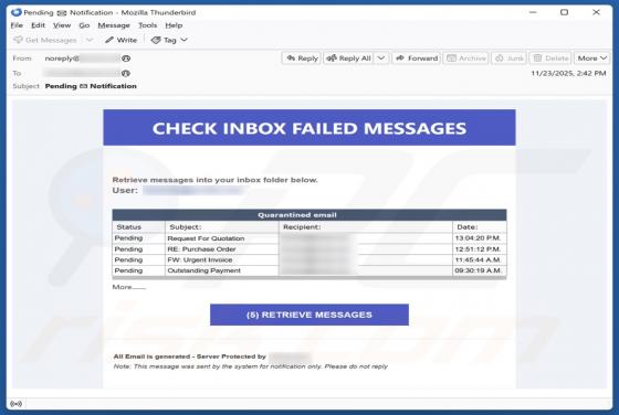 Truffa via email Check Inbox Failed Messages