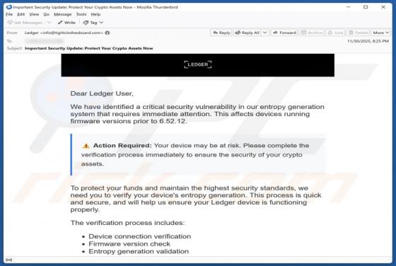 Truffa via email Ledger - Critical Security Vulnerability