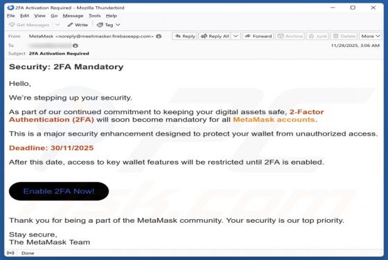 Truffa via email MetaMask 2FA Activation