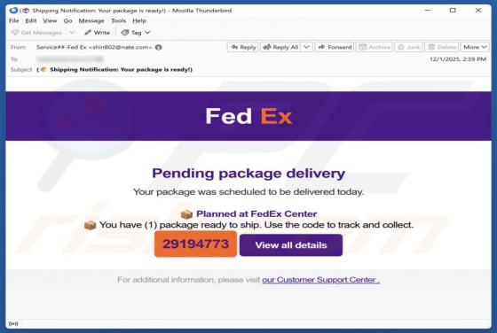 Truffa via email FedEx - Pending Package Delivery
