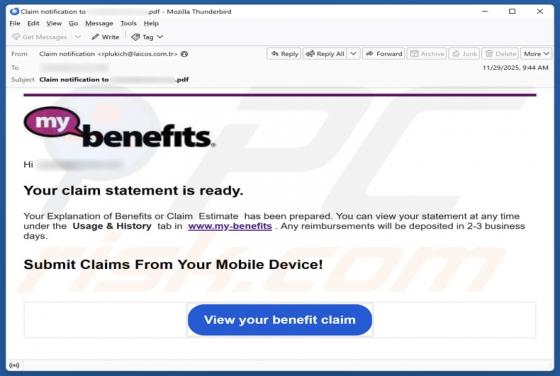 Truffa via email My Benefits - Your Claim Statement Is Ready
