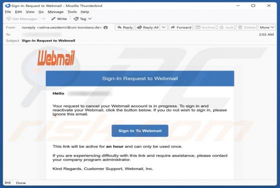 Truffa via email Request To Cancel Your Webmail Account