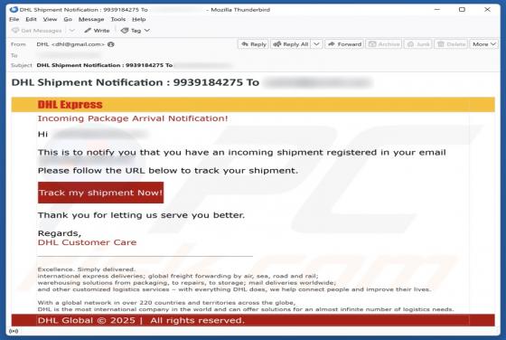 Truffa via email DHL Express - Incoming Package Arrival Notification