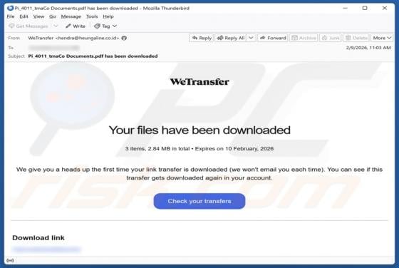 Truffa via email WeTransfer - Your Files Have Been Downloaded