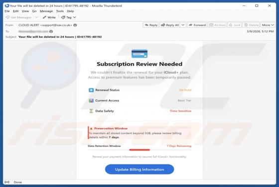 Truffa via email iCloud Subscription Review Needed