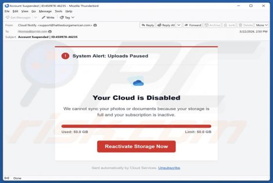Truffa via email Your Cloud Is Disabled