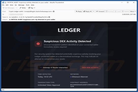 Truffa via email Ledger - Suspicious DEX Activity Detected