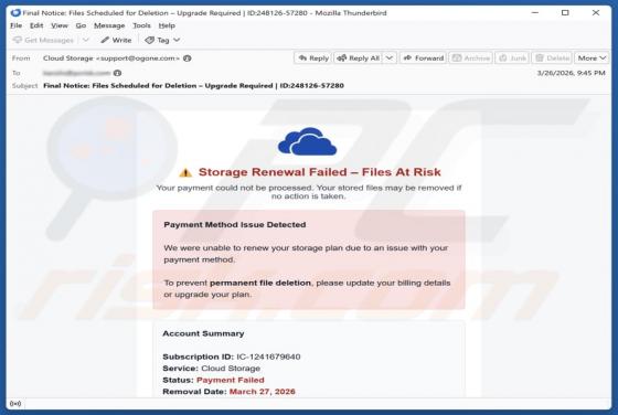 Truffa via email Cloud Storage Renewal Failed