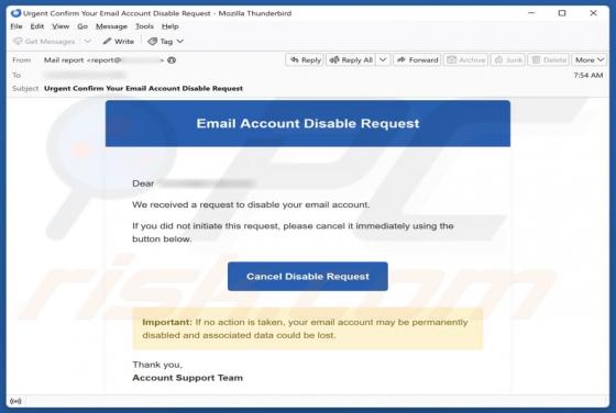 Email Account Disable Request truffa
