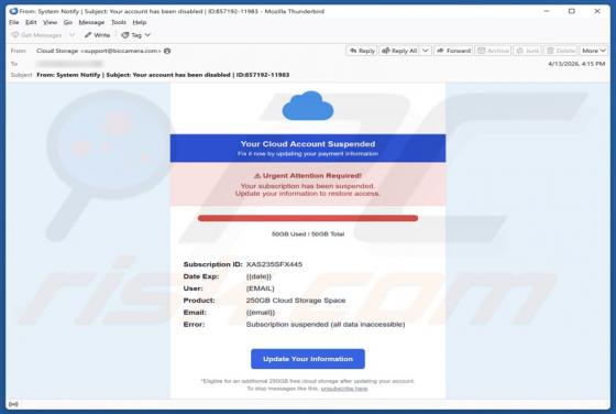 Your Cloud Account Suspended truffa via email