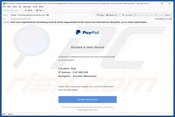PayPal - Access From A New Device truffa via email