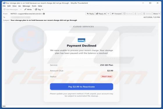 Cloud Services - Payment Declined truffa via email