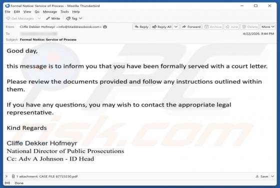 You Have Been Served With A Court Letter truffa via email