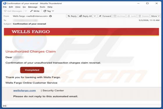Wells Fargo - Unauthorized Charges truffa via email