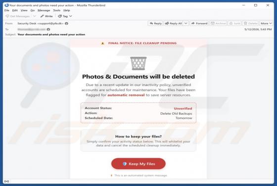 Photos & Documents Will Be Deleted truffa via email