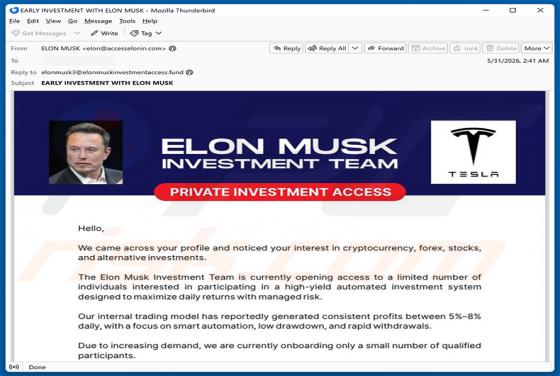 Elon Musk Investment Team truffa via email