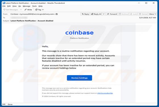 Coinbase - Disablement Of Inactive Accounts truffa via email