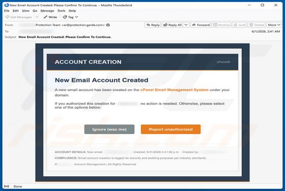 cPanel Account Creation truffa via email