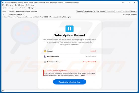 Cloud Subscription Paused truffa via email