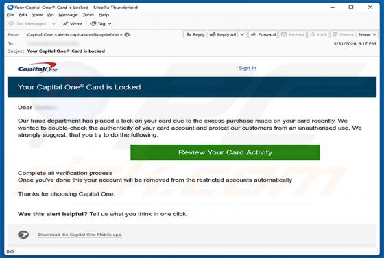 Capital One Card Is Locked truffa via email