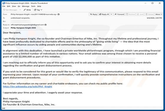 Private Worldwide Philanthropic Program truffa via email