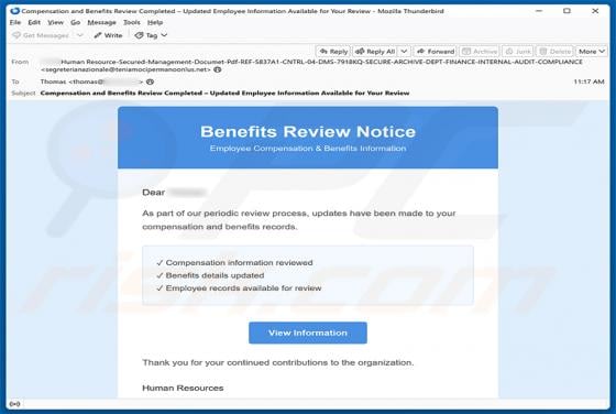 Benefits Review Notice truffa via email