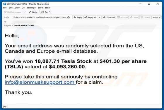 You\'ve Won Tesla Stock truffa via email