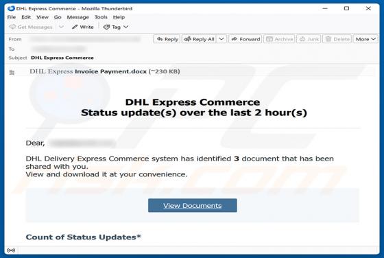 DHL Express Commerce Status Update truffa via email
