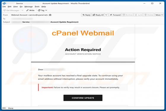 cPanel Final Account Upgrade State truffa via email