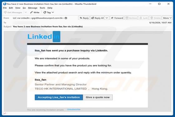 LinkedIn Purchase Inquiry truffa via email