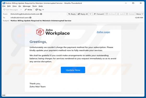 Zoho Workplace Payment Method Update truffa via email