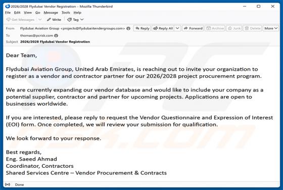 Flydubai Vendor Registration truffa via email
