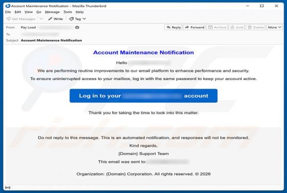 Account Maintenance Notification truffa via email