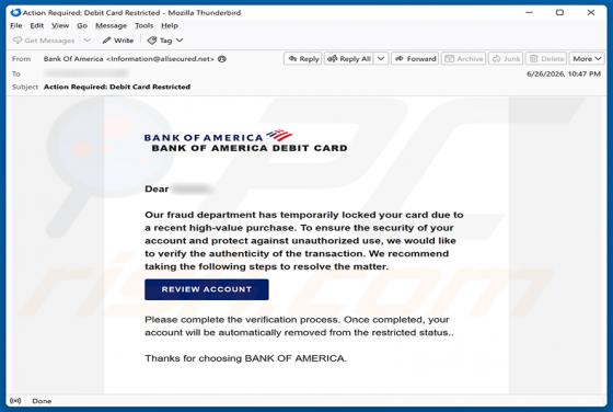Bank Of America Card Locked truffa via email