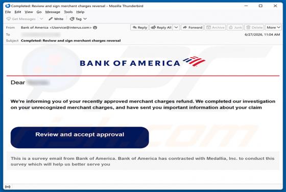 Bank Of America - Merchant Charges Refund truffa via email