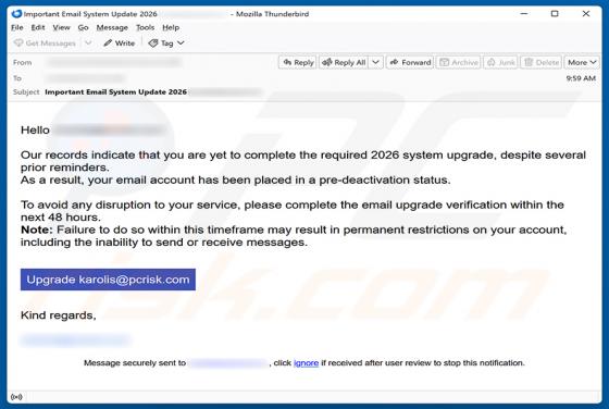 Required System Upgrade truffa via email