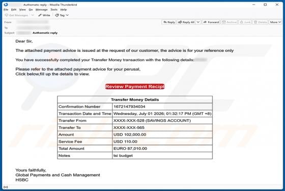 HSBC Money Transfer Completed truffa via email