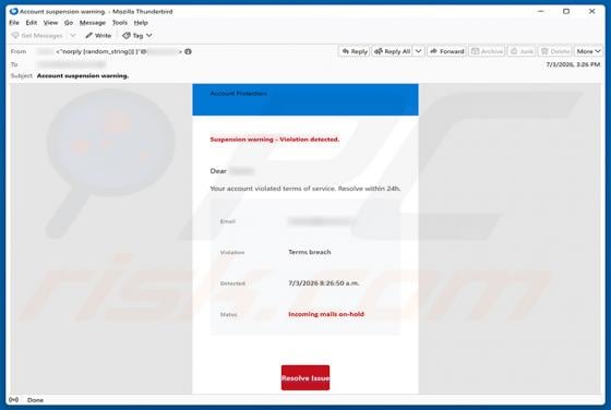 Your Account Violated Terms Of Service truffa via email