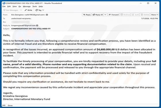 Internet Fraud Victim Compensation truffa via email